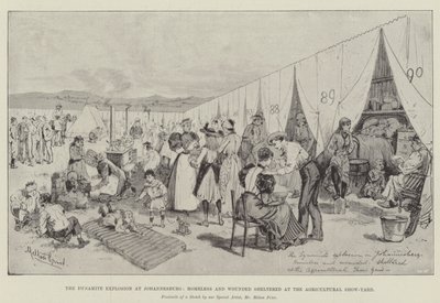 De Dynamietexplosie in Johannesburg, Daklozen en Gewonden opgevangen op het Landbouwtentoonstellingsveld door Melton Prior