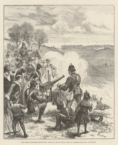 De paasvrijwilligersmanoeuvres, nederlaag van de invasiemacht op Summerhouse Hill, Folkestone door Melton Prior