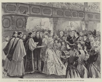 Huwelijk van de heer Asquith, minister van Binnenlandse Zaken, met juffrouw Margot Tennant, in St George