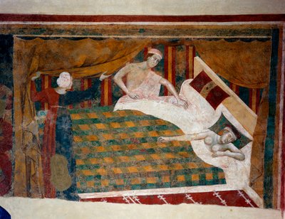Scène uit het huwelijksleven in de Middeleeuwen. Een man voegt zich bij zijn naakte vrouw in bed. (detail) (fresco, begin 14e eeuw) door Memmo di Filippuccio
