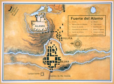 Kaart van het Alamo-gebied in San Antonio gebaseerd op de originele slagvelkaart van Santa Anna door Mexican School
