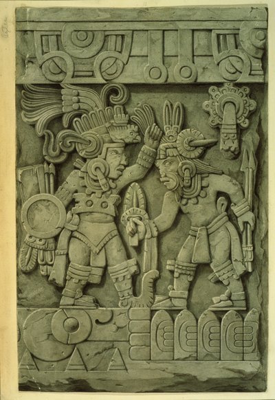 De steen van Tizoc (kleurenlitho) door Mexican School