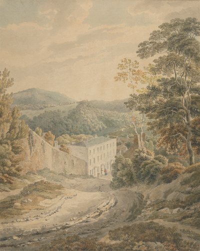 Landschap, heuvelafwaarts naar een dorp gedomineerd door een groot drielaags stenen huis door Michael Angelo Rooker