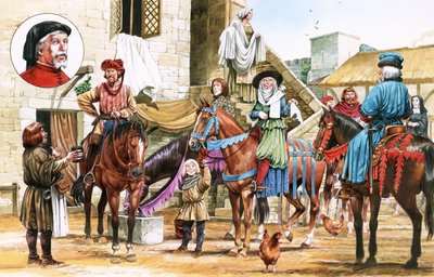 Canterbury verhalen. Pelgrims vertrekken vanuit de Tabard Inn. door Michael Godfrey