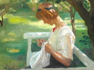 Ella Saxild naait in de tuin op een zomerse dag. door Michael Peter Ancher