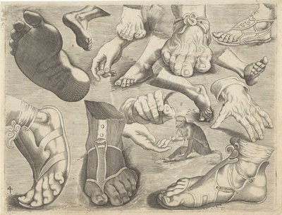 Studieblad met tekenvoorbeelden: handen, voeten en een aapje door Michael Snijders