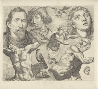 Studieblad met tekenvoorbeelden: koppen, torso en dieren door Michael Snijders