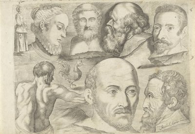 Studieblad met tekenvoorbeelden: staande figuur, haan en koppen door Michael Snijders