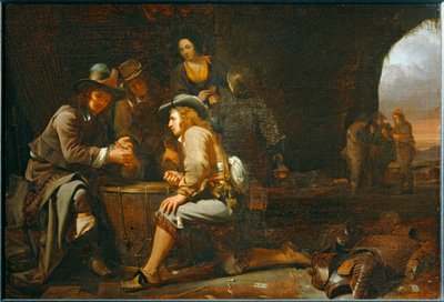 Soldaten spelen in een grot die is omgebouwd tot wachthuis. 1649 ... door Michael Sweerts