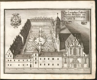 Duits: Het karmelietenklooster in München, gezien vanuit het noorden naar het oosten door Michael Wening