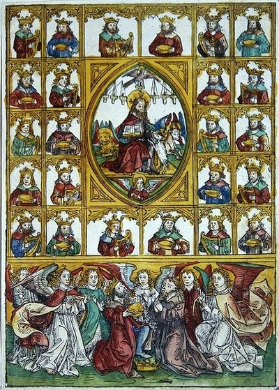 Jezus omringd door de Symbolen van de Vier Evangelisten en vele koningen met harpen en gouden bekers door Michael Wolgemut or Wolgemuth