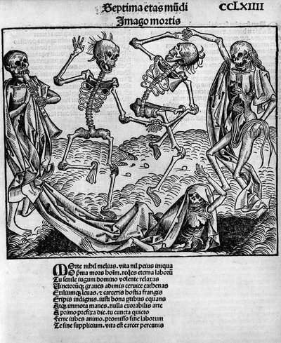 Macabere dansscène, met skeletten, - in 
