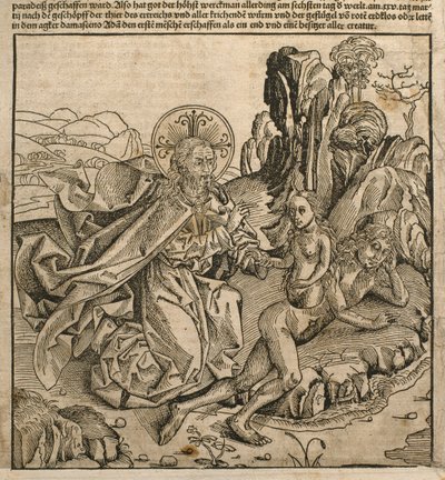 God de Vader die Eva creëert uit Adams rib, illustratie uit de 