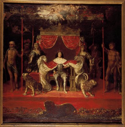 Portret van Christian V van Denemarken 1646-1699 op de troon in Frederiksborg Paleis door Michael van Haven
