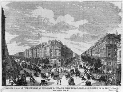Parijs in 1878, Boulevard Haussmann verlengd tussen Boulevard des Italiens en rue Taitbout, gegraveerd door Louis Dumont (b.1822) eind 19e eeuw door Michel Charles Fichot