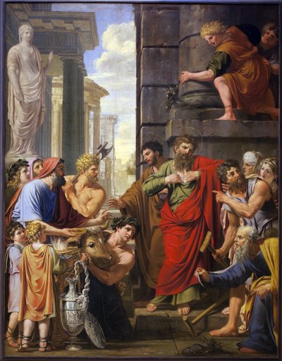 Sint Paulus en Sint Barnaba weigeren goddelijke eer in Lystra door Michel Corneille