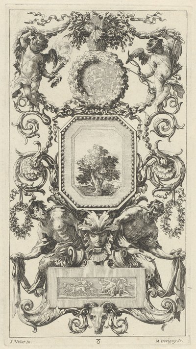 Ornamentaal Paneel Bekroond door een Mand met Bloemen met Cupido en Hymen door Michel Dorigny, after Simon Vouet