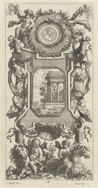 Ornamentpaneel met een buste van een vrouw en twee putti met brandende trompetten door Michel Dorigny, after Simon Vouet