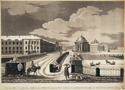 Uitzicht op de Izmailovsky-brug en de kazernes aan de Fontanka-rivier, eind 18e eeuw door Michel François Damame Demartrais