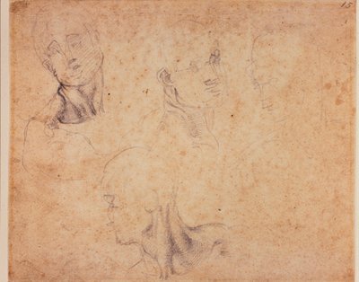 Vier mannelijke hoofdstudies door Michelangelo (after) Buonarroti