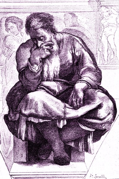 Jeremia, de wenende profeet door Michelangelo (after) Buonarroti