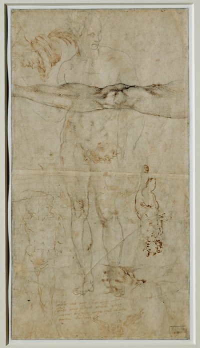 Diverse studies van figuren, inscriptie gebaseerd op een sonnet van Petrarca, circa 1506 ... door Michelangelo Buonarroti