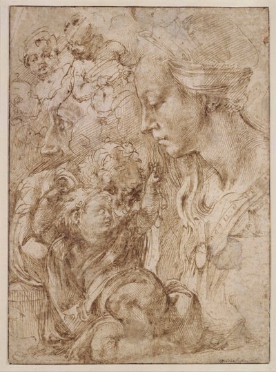 Etude voor de Heilige Familie met Johannes de Doper als kind (detail) door Michelangelo Buonarroti