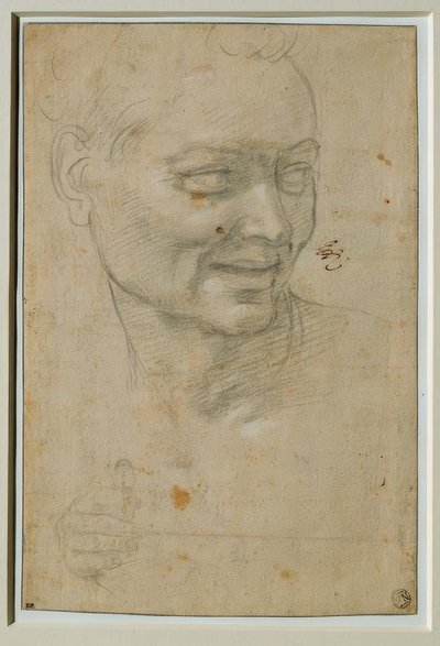 Hoofd en rechterhand van de Ignudo boven en links van Jesaja door Michelangelo Buonarroti