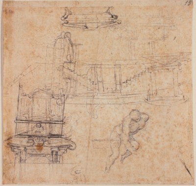 Diverse studies, voor een Sint Jan de Doper, voor een graf en architecturale schetsen door Michelangelo Buonarroti