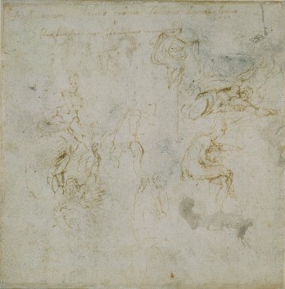 Recto: Acht Figurenstudies. Verso: Figurenstudie, ca. 1490-1560 door Michelangelo Buonarroti