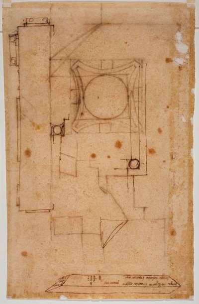 Sectie van kapiteel, gevelplan en schetsen met handgeschreven notities van afmetingen door Michelangelo Buonarroti