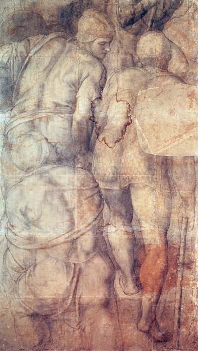Soldaten, voorbereidende tekening voor fresco van de Kruisiging van Sint-Petrus in de Pauline Kapel in het Vaticaan door Michelangelo Buonarroti