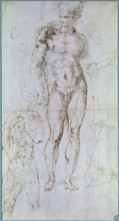 Studie voor Apollo staande naakt met een mantel over zijn schouders en de figuur van een man die een last draagt door Michelangelo Buonarroti
