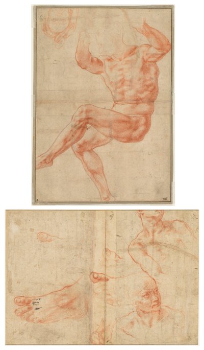 Studie voor de Naakte Jongeling boven de Profeet Daniël (recto); Figurenstudies voor het Plafond van de Sixtijnse Kapel (verso) door Michelangelo Buonarroti