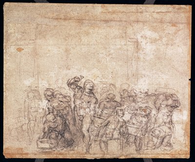 Studie van figuren voor een verhalende scène (zwarte krijt op papier) (verso) door Michelangelo Buonarroti