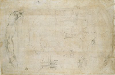 Studie van een mannenarm en enkele architecturale schetsen, ca. 1490-1560 door Michelangelo Buonarroti