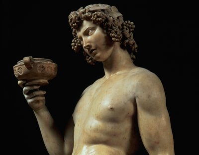 De dronkenschap van Bacchus, detail van zijn hoofd, beeldhouwwerk door Michelangelo Buonarroti (detail) door Michelangelo Buonarroti