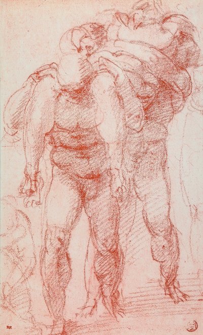 Drie mannen die een lichaam dragen; tekening door Michelangelo. Het Louvre, Parijs door Michelangelo Buonarroti