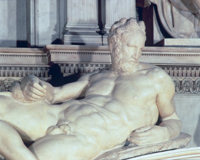 Graf van Lorenzo de Medici, detail van Schemer (marmer) door Michelangelo Buonarroti