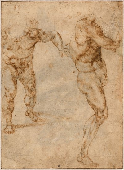 Twee naaktstudies van een man die naar voren stormt en een ander die naar rechts draait door Michelangelo Buonarroti