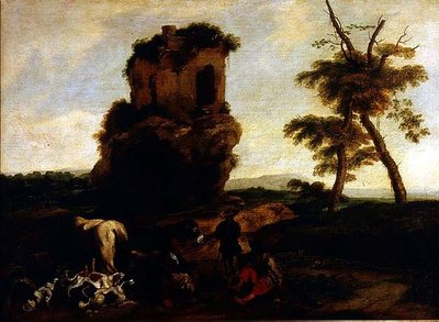 Een landschap met reizigers rustend bij een herberg door Michelangelo Cerquozzi