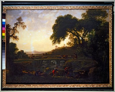 Landschap met een Brug en Boeren en Koeien en Geiten door Michelangelo Cerquozzi