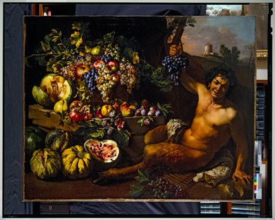 Stilleven met een sater in een landschap door Michelangelo Cerquozzi