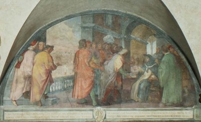 St. Antoninus sticht de Compagnie van Goede Mannen in San Martino, lunet door Michelangelo Cinganelli