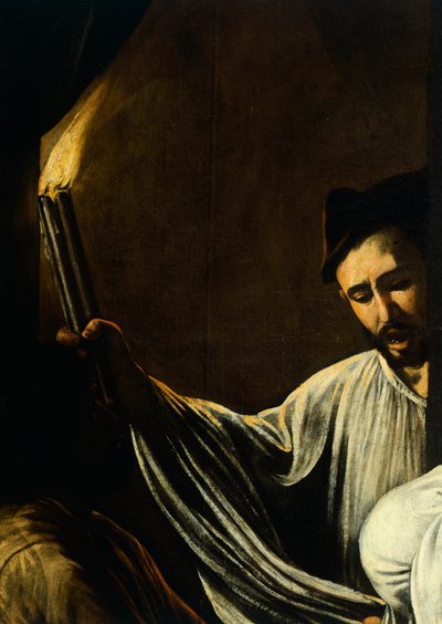 Een man met een fakkel die een dode begraaft (detail) door Michelangelo Merisi da Caravaggio