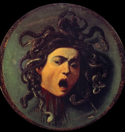Hoofd van Medusa. Schilderij op de achterkant van een schild bedekt met canvas. Symbool van de overwinning van de rede over de zintuigen, verwijzend naar de mythe van Perseus en Medusa door Michelangelo Merisi da Caravaggio