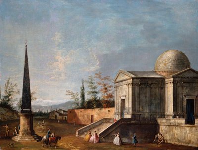 Elegante figuren voor een klassieke kerk met koepel, een obelisk links door Michele Marieschi