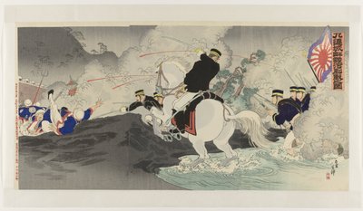 Gevecht aan de oever van de Aihe rivier bij Jiuliancheng door Migita Toshihide