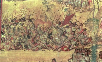 Slag in de stad Cholula tussen de Spanjaarden en de Indianen in oktober 1519 door Miguel Gonzalez