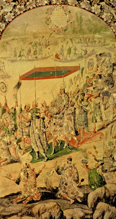 Een van een paar panelen die de ontmoeting tussen Hernando Cortes en Montezuma uitbeelden: Montezuma en zijn volgelingen, 1698 door Miguel and Juan Gonzalez